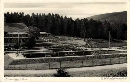 Ak Braunlage im Oberharz, Waldschwimmbad, Freibad, Berg, Zaun