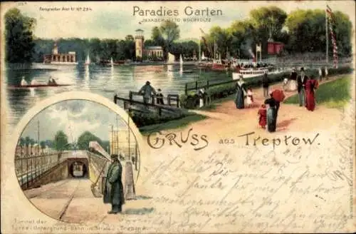 Litho Berlin Treptow, Paradiesgarten, Dampferanlegestelle, Untergrundbahn nach Stralau