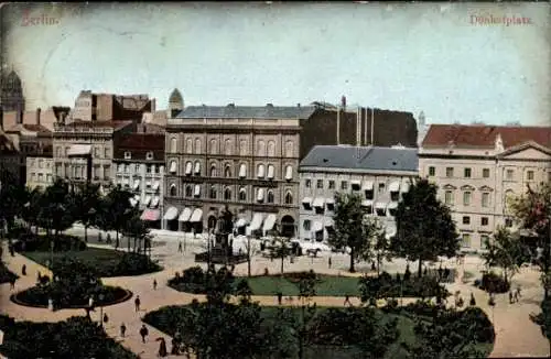 Ak Berlin, Parkanlage auf dem Dönhofplatz, Geschäfte, Denkmal