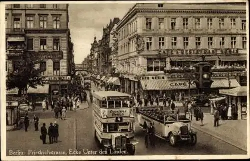 Ak Berlin Mitte, Friedrichstraße Ecke Unter den Linden, Cafe König, Busse