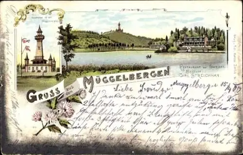 Litho Berlin Köpenick, Müggelberge, Aussichtsturm, Restaurant am Teufelsee