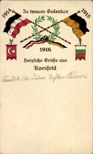 Ak In treuem Gedenken, Vierbund 1914-1915-1916, Flaggen, Kaiserreich, Österreich, Türkei, Bulgarien