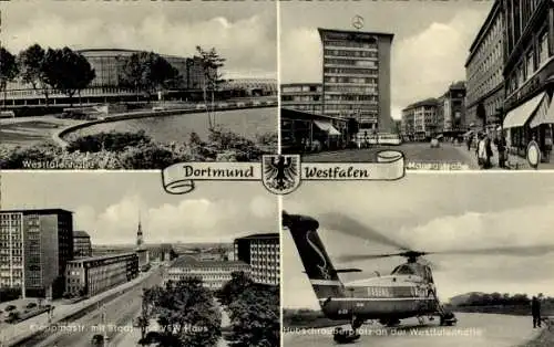 Ak Dortmund im Ruhrgebiet, Hansastraße, Straßenbahn, Westfalenhalle, Hubschrauberplatz