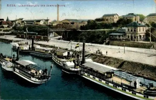 Ak Riesa an der Elbe Sachsen, Landungsplatz, Salondampfer