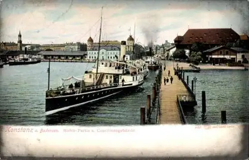 Ak Konstanz am Bodensee, Hafen, Dampfer und Konziliumgebäude