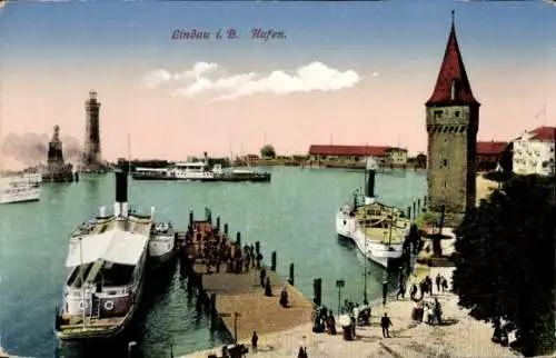 Ak Lindau am Bodensee Schwaben, Hafen, Schiffe, Turm