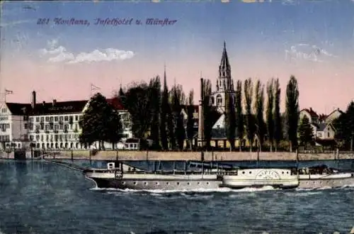 Ak Konstanz am Bodensee, Inselhotel u. Münster, Uferpartie, Dampfer