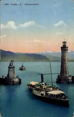 Ak Lindau Bodensee, Hafeneinfahrt, Leuchtturm, Dampfer