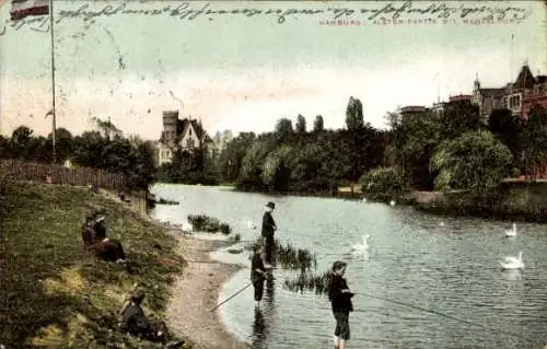 Ak Hamburg Nord Uhlenhorst, Alsterpartie mit Wenzelburg, Schwäne, Angler