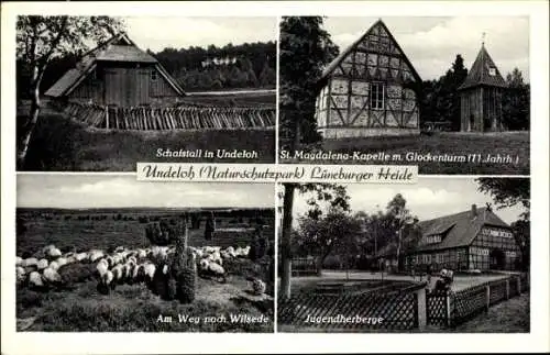 Ak Undeloh in der Lüneburger Heide, Schafstall, St. Magdalena-Kapelle, Glockenturm, Jugendherberge