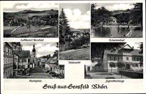 Ak Gersfeld in der Rhön Hessen, Ort, Marktplatz, Schwimmbad, Jugendherberge, Teilansicht