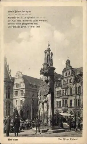 Ak Bremen, Die Riese Roland, Stände am Marktplatz, Haus mit Erker