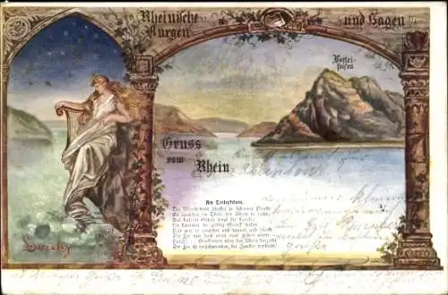 Künstler Litho St. Goarshausen am Rhein, Loreleyfelsen, Rheinische Burgen und Sagen