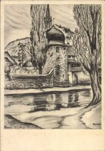 Künstler Ak Reimesch, Thann Elsass Haut Rhin, Turm, Kirche, Fluss