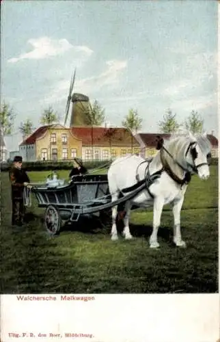 Ak Walcheren Zeeland, Melkwagen, Windmühle, Trachten