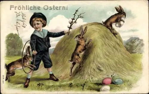 Ak Glückwunsch Ostern, Hase springt duch einen Reifen, Ostereier, Weidenkätzchen