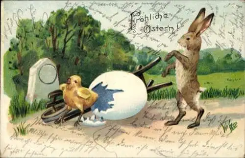 Litho Glückwunsch Ostern, Küken ist geschlüpft, Osterhase, Schubkarre