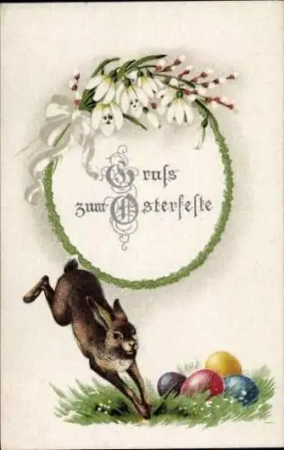 Ak Glückwunsch Ostern, Osterhase und Ostereier, Schneeglöckchen und Weidenkätzchen