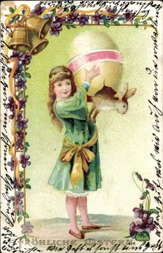 Litho Glückwunsch Ostern, Mädchen mit großem Osterei, Osterhase, Glocken