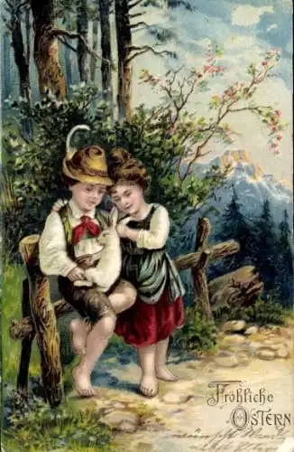 Präge Litho Glückwunsch Ostern, Kinder in bayrischer Tracht mit Osterhase, Waldrand, Berge