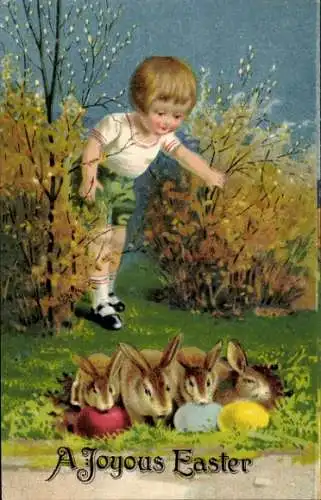 Ak Glückwunsch Ostern, Kind findet Osterhasen und Ostereier