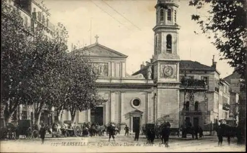 Ak Marseille Bouches du Rhône, Kirche Notre Dame du Mont, Turmuhr, Kutschen