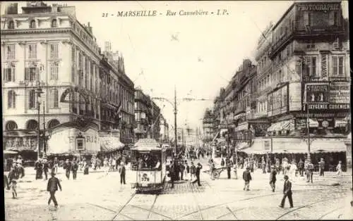 Ak Marseille Bouches du Rhône, Gesamtansicht der Rue Cannebière, Straßenbahn