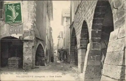 Ak Villeneuve Aveyron, Rue Droite, Arkaden