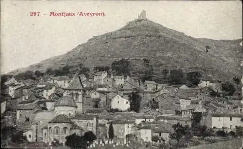 Ak Montjaux Aveyron, Gesamtansicht, Ruine auf Berg