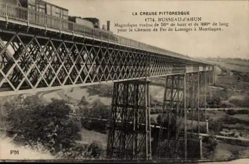 Ak Busseau d'Ahun Creuse, Eisenbahnviadukt, Strecke von Limoges nach Montlucon