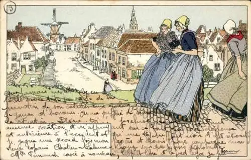 Künstler Litho Cassiers, H., Vlissingen Zeeland Niederlande, Frauen in Trachten, Windmühle