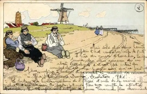 Künstler Litho Cassiers, H., Westcapelle Zeeland, Windmühlen, Männer in niederländischer Tracht