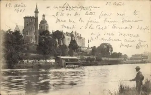 Ak Solesmes Sarthe, Schloss, Ufer der Sarthe