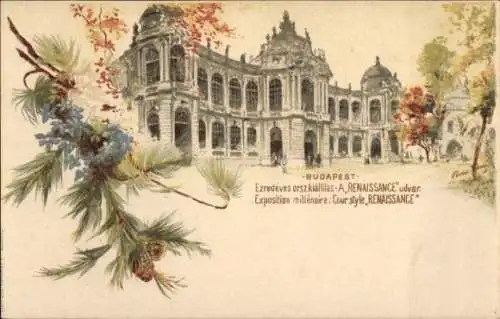 Ganzsachen Litho Budapest Ungarn, Millennium-Ausstellung, Hof-Renaissance-Stil