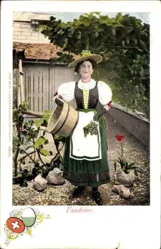 Ak Kanton Waadt, Frau in schweizerischer Volkstracht, Portrait, Wappen