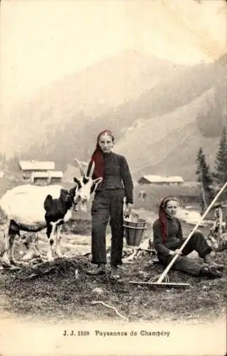 Ak Champéry Kanton Wallis, Paysannes, Bäuerinnen, Ziege