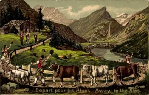 Präge Litho Schweiz, Alpen, Départ pour les Alpes, Kuhtrieb auf die Alm