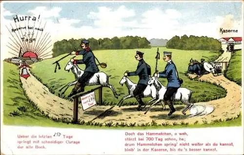 Litho Reservisten reiten auf Ziegen von der Kaserne gen Heimat