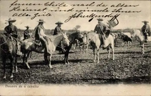 Ak Chile, Huasos de á caballo, chilenische Landarbeiter, Pferde