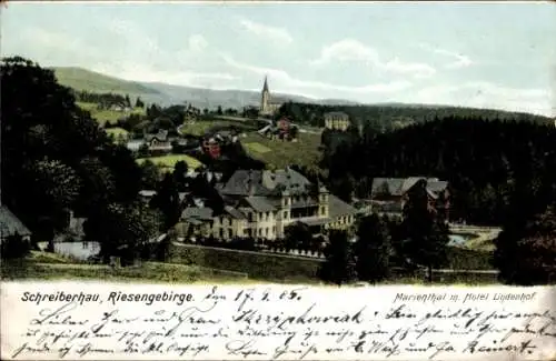 Ak Marienthal Szklarska Poręba Schreiberhau Riesengebirge Schlesien, Panorama, Hotel Lindenhof