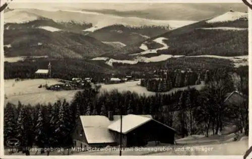 Ak Szklarska Poręba Mittel-Schreiberhau Riesengebirge Schlesien, Schneegruben, Reifträger, Winter