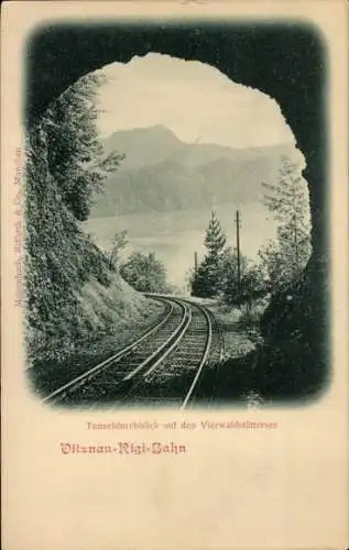 Ak Vitznau Kanton Luzern, Rigibahn, Tunneldurchblick auf den Vierwaldstättersee