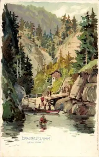 Litho Hřensko Herrnskretschen Elbe Reg. Aussig, Edmundsklamm