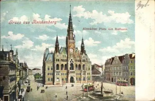 Ak Reichenberg in Böhmen Liberec Tschechien, Altstädter Platz mit Rathaus