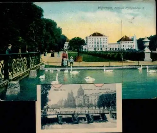 Leporello Ak München, Schloss Nymphenburg, Lukaskirche, Isarquai