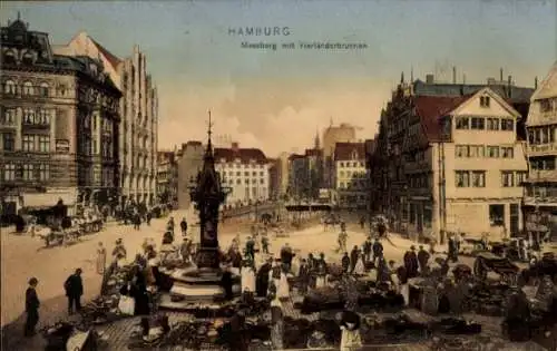 Ak Hamburg, Messberg mit Vierländerbrunnen, Marktleben