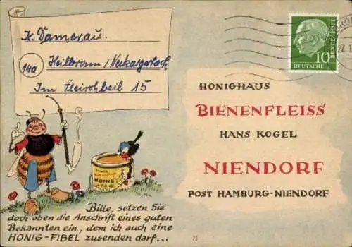 Ak Hamburg Niendorf, Reklame, Hans-Kogel-Honighaus Bienenfleiss, Biene, Honigtopf