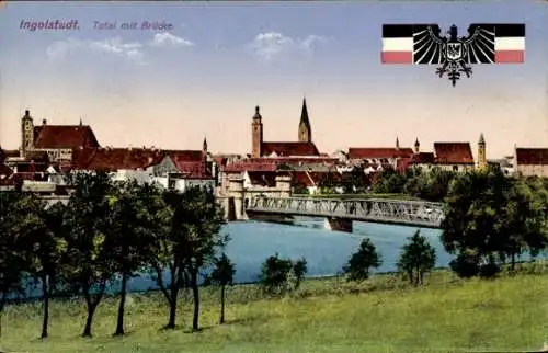 Ak Ingolstadt an der Donau Oberbayern, Totalansicht vom Ort, Brücke, Reichsflagge u. -adler