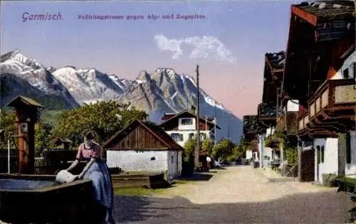 Ak Garmisch Partenkirchen in Oberbayern, Frühlingsstraße, Alpspitze und Zugspitze