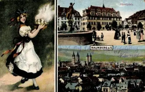 Ak Naumburg a.d. Saale, Marktplatz mit Gesamtansicht und Frau in Tracht